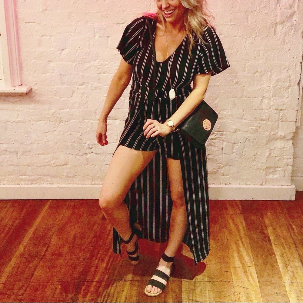 Black and White Short Sleeve Strip Romper with Skirt and Open Back